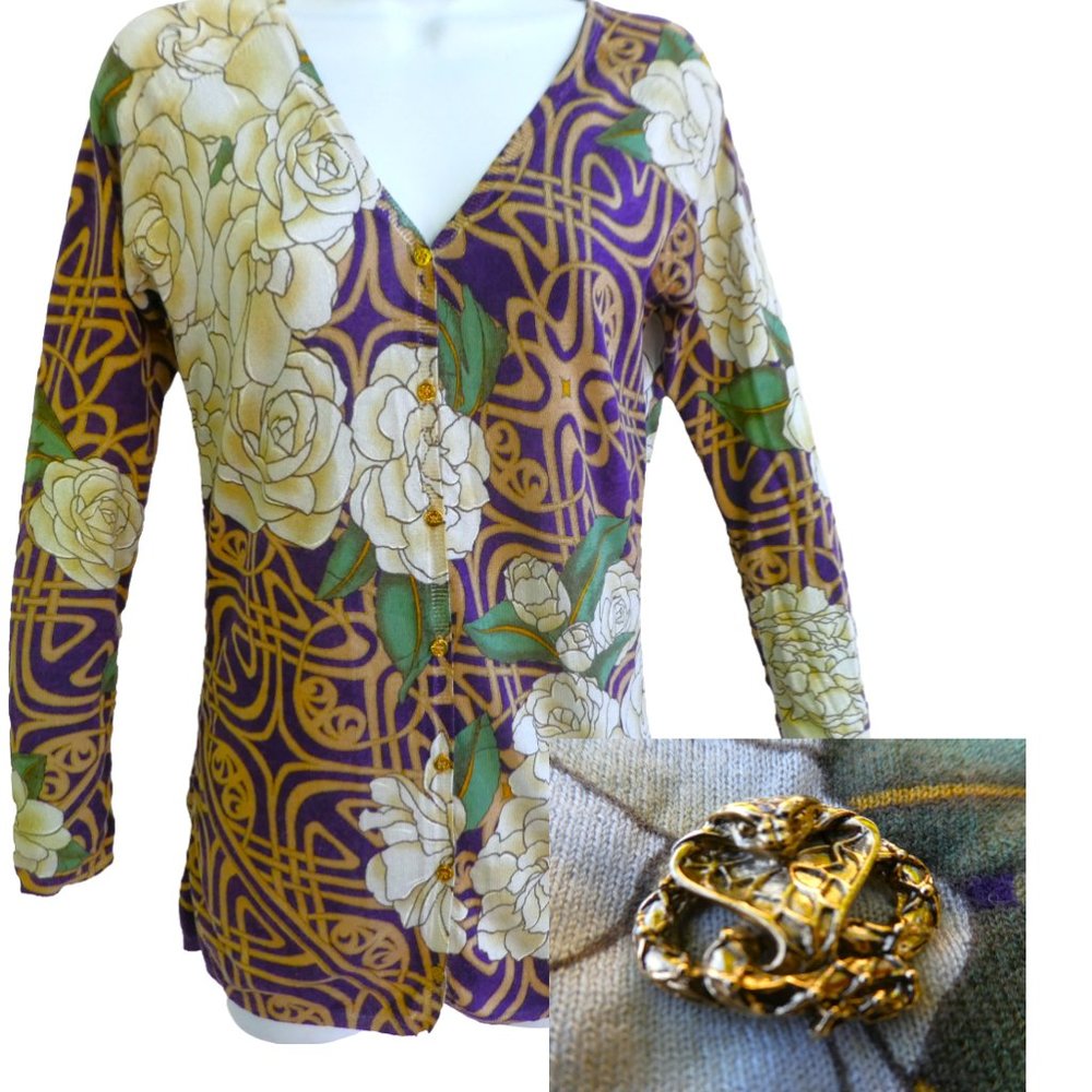 SiLK CaSHMeRe Roberto Cavalli Cardigan Cobra Brooch Logo Gold Buttons Ruched 42